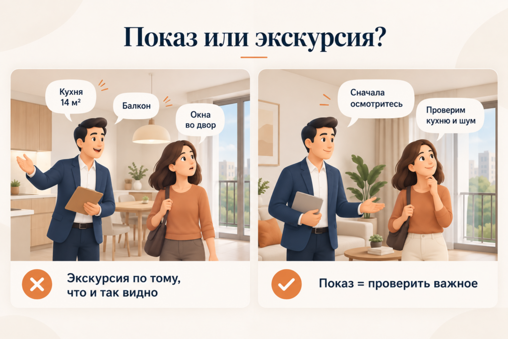 Сравнение формальной экскурсии по квартире и показа, где риелтор проверяет важные для покупателя критерии